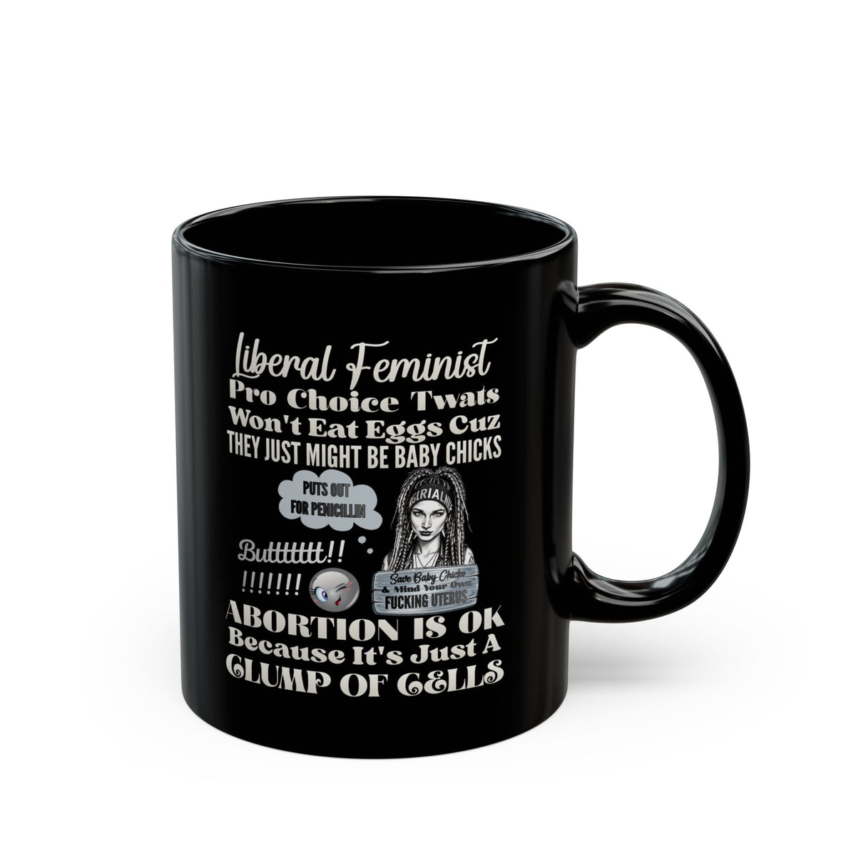 Feminist Satire Black Coffee Mug — 'Abortion Is OK' Parody Design (11oz/15oz)