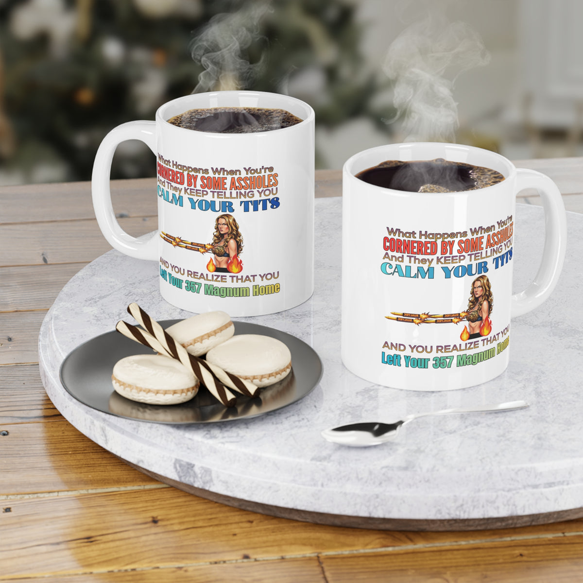 Funny ‘Calm Your T*ts’ Ceramic Mug — Sassy Gun Humor Coffee Cup