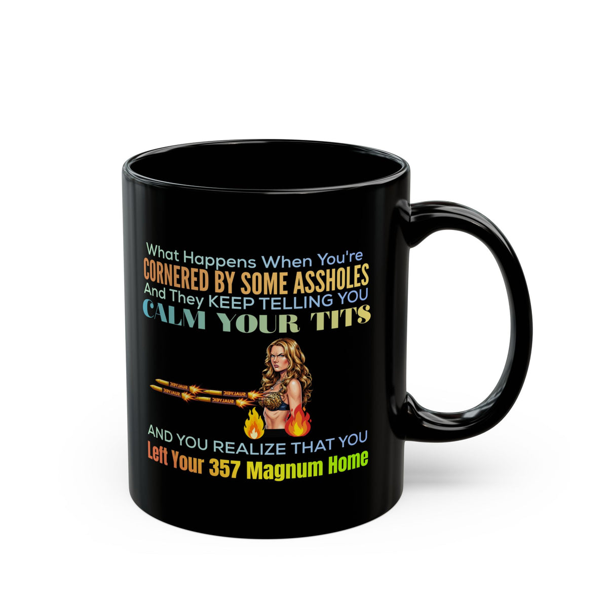 Black Mug — Funny 'Calm Your Tits' 357 Magnum Humor Coffee Cup