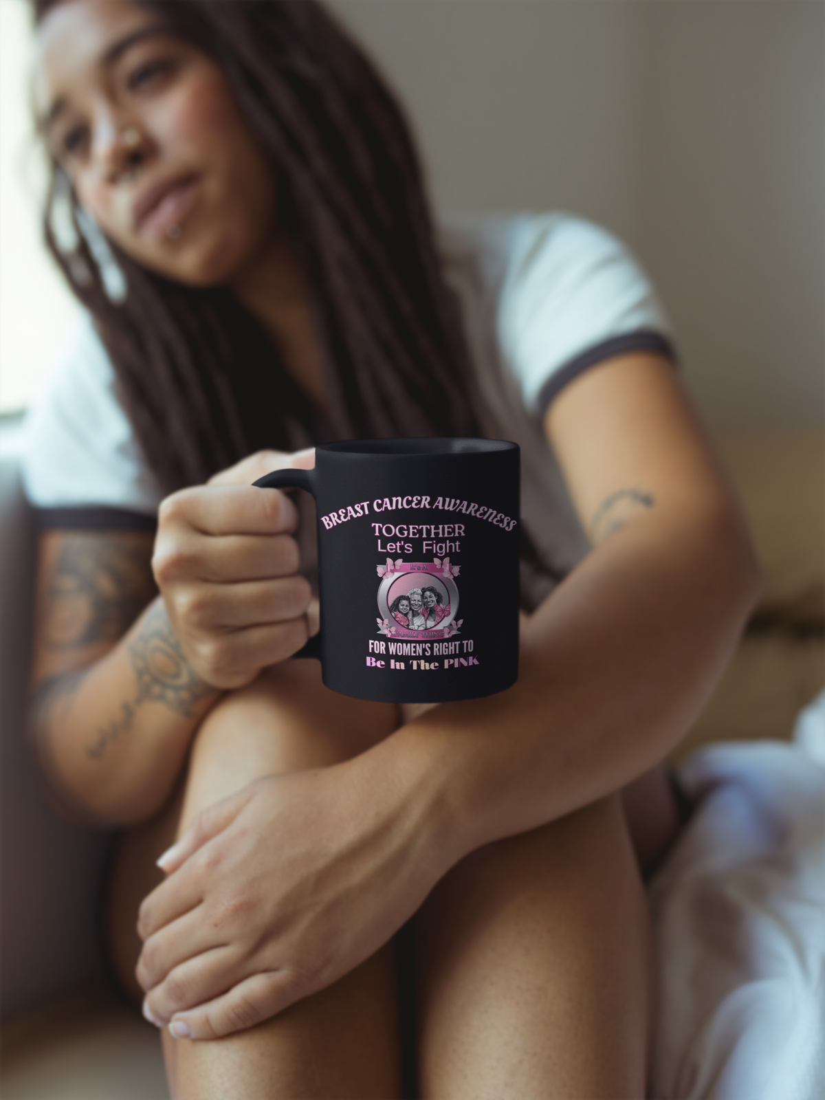 Breast Cancer Awareness Black Mug — "Together Let's Fight" Pink Ribbon Support (11oz/15oz)