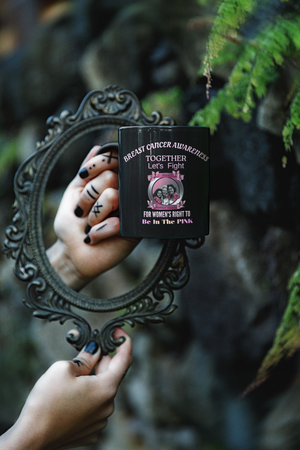 Breast Cancer Awareness Black Mug — "Together Let's Fight" Pink Ribbon Support (11oz/15oz)