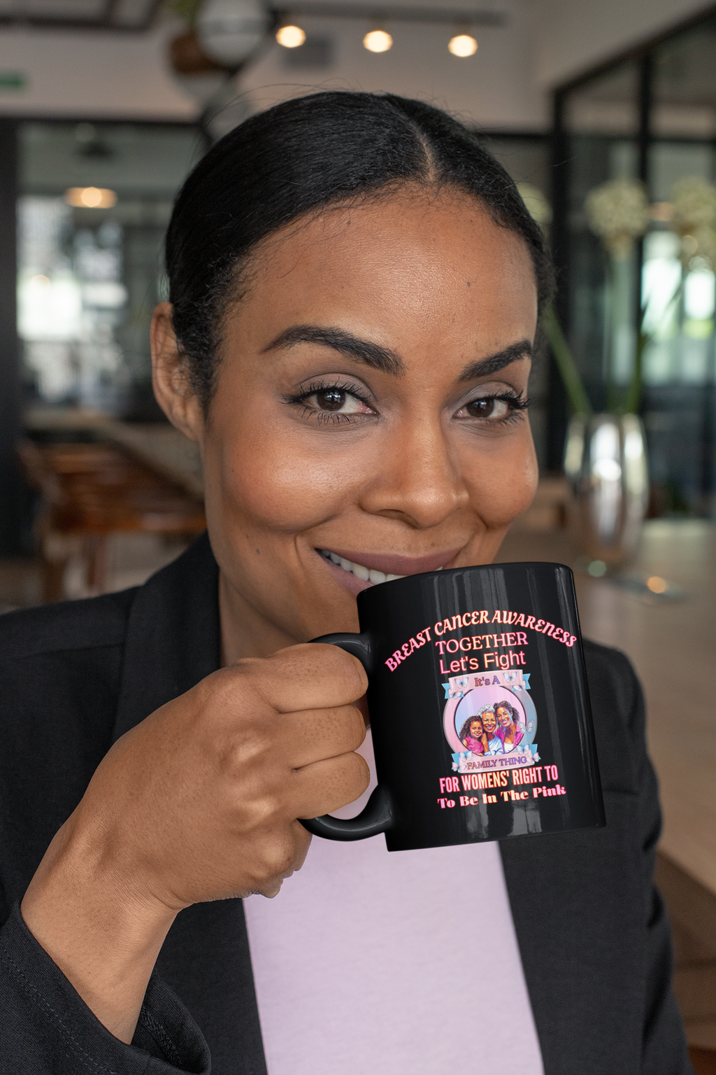 Breast Cancer Awareness Black Mug — "Together Let's Fight" Supportive Pink Ribbon Coffee Cup (11oz, 15oz)
