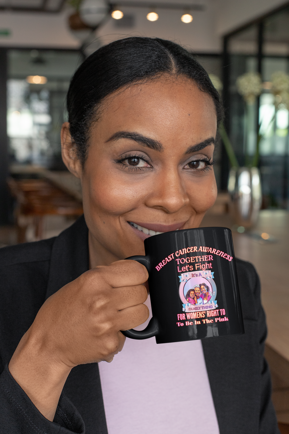 Breast Cancer Awareness Black Mug — "Together Let's Fight" Supportive Pink Ribbon Coffee Cup (11oz, 15oz)