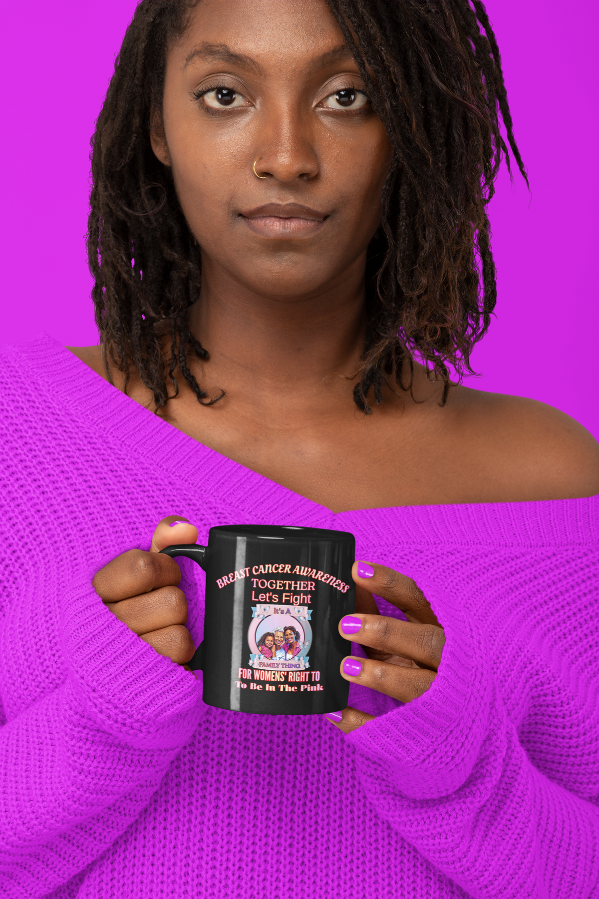 Breast Cancer Awareness Black Mug — "Together Let's Fight" Supportive Pink Ribbon Coffee Cup (11oz, 15oz)
