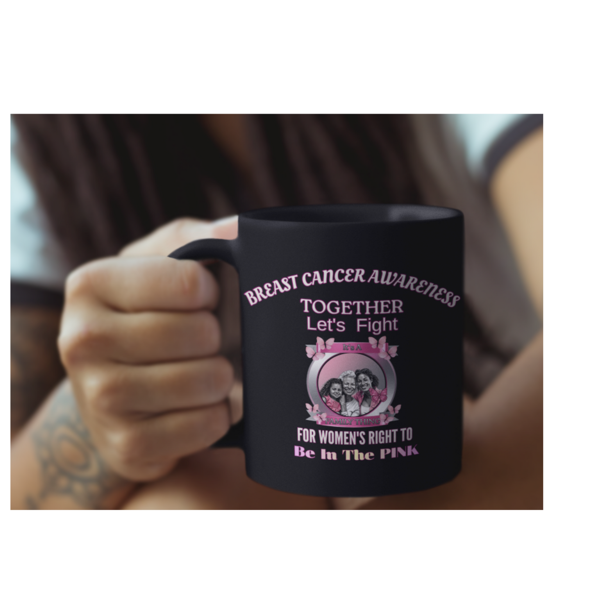 Breast Cancer Awareness Black Mug — "Together Let's Fight" Pink Ribbon Support (11oz/15oz)