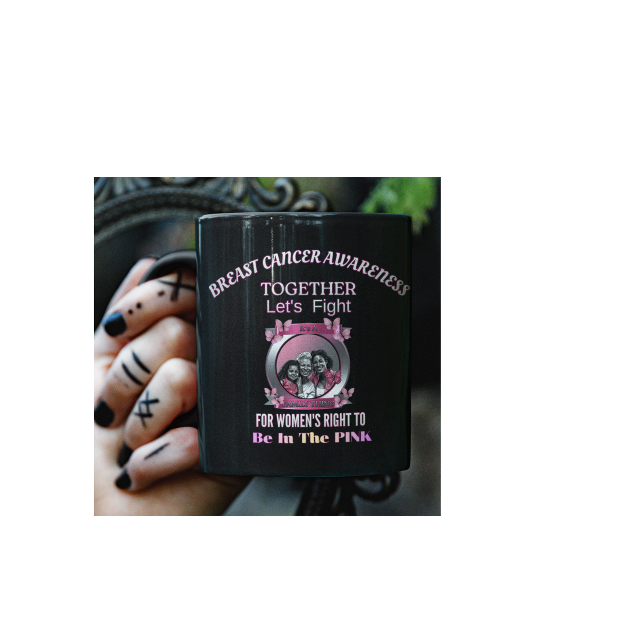Breast Cancer Awareness Black Mug — "Together Let's Fight" Pink Ribbon Support (11oz/15oz)