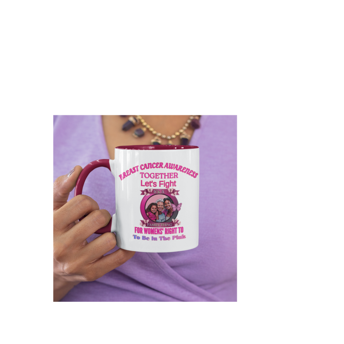 Breast Cancer Awareness Accent Coffee Mug – "Together Let's Fight" Pink Ribbon Photo Mug (11/15oz)