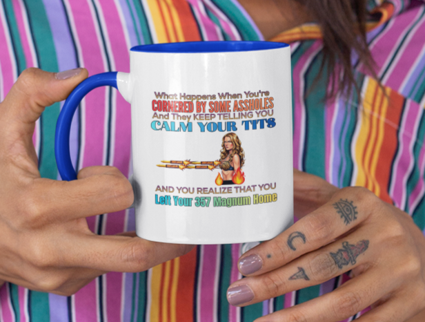 Accent Coffee Mug — Funny 'Calm Your Tits' Retro Gun Humor Mug (11/15 oz)